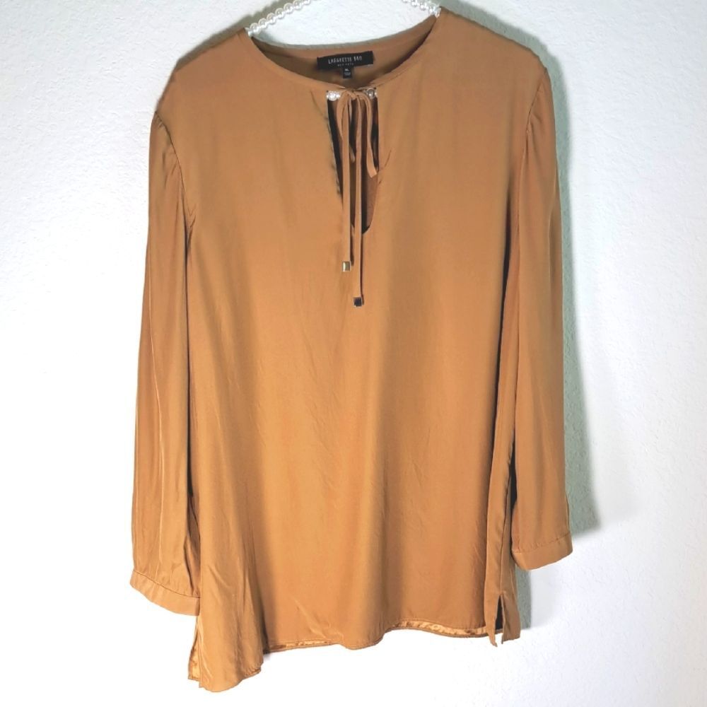 Lafayette 148 Women's Khaki Tan Blouse
Silk Size XL Office Siren Tie Neck Career